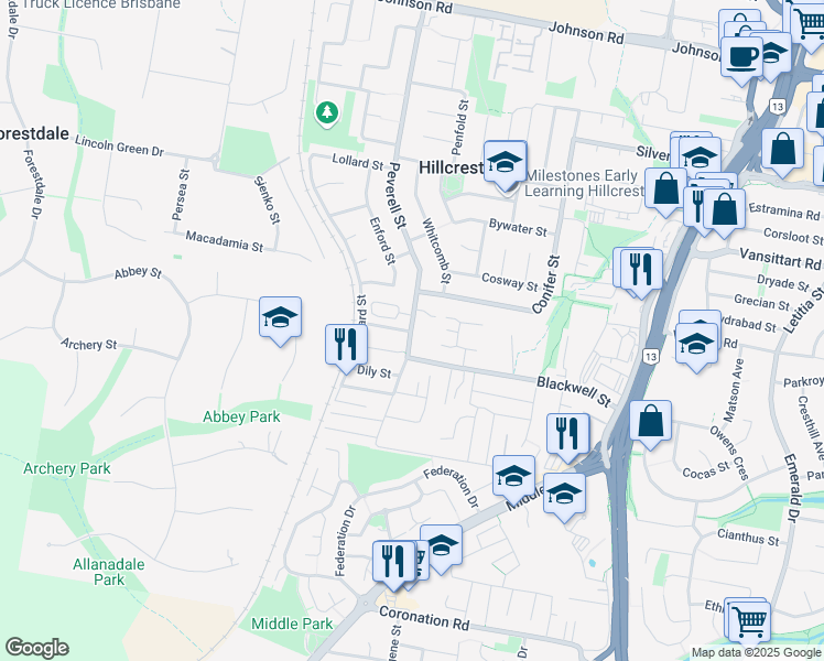 map of restaurants, bars, coffee shops, grocery stores, and more near Tranquil Street in Hillcrest