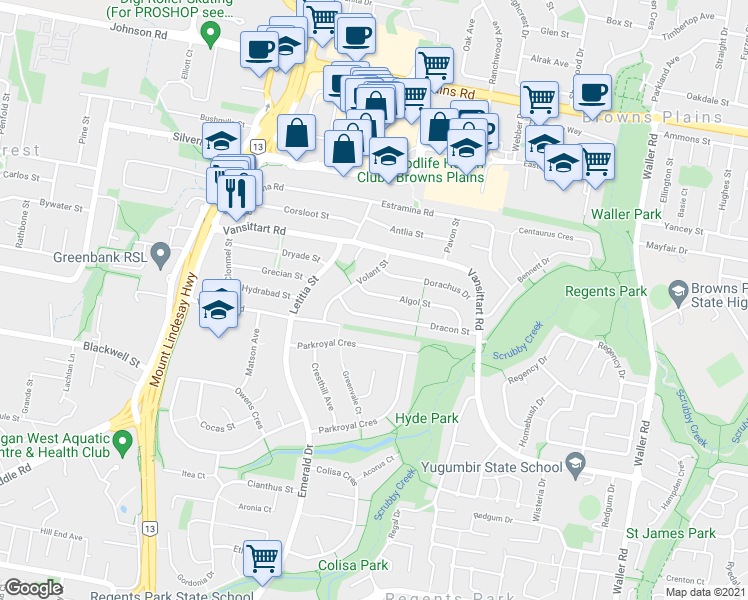 map of restaurants, bars, coffee shops, grocery stores, and more near 9 Algol Street in Regents Park