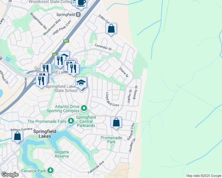 map of restaurants, bars, coffee shops, grocery stores, and more near 17 Lloyd Bird Crescent in Springfield Lakes