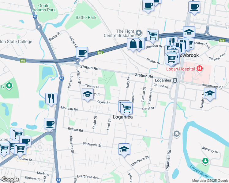map of restaurants, bars, coffee shops, grocery stores, and more near 6 Sylvia Street in Loganlea