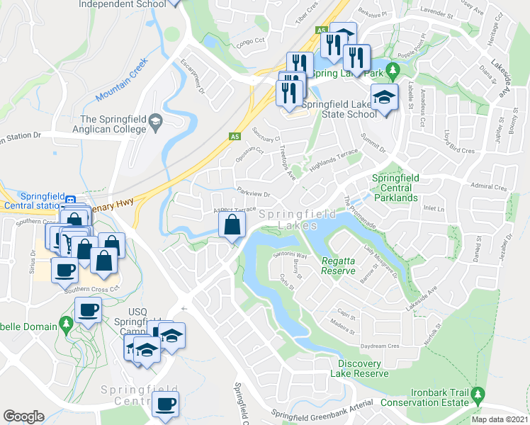 map of restaurants, bars, coffee shops, grocery stores, and more near 14 Aspect Terrace in Springfield Lakes