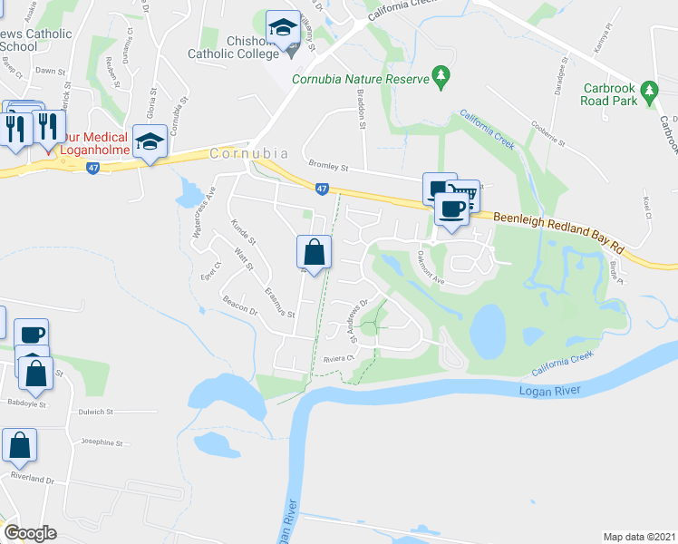 map of restaurants, bars, coffee shops, grocery stores, and more near 7 Harlech Court in Cornubia