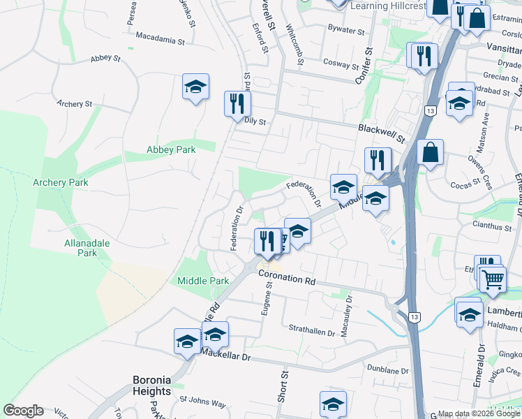 map of restaurants, bars, coffee shops, grocery stores, and more near Diamantina Street in Hillcrest