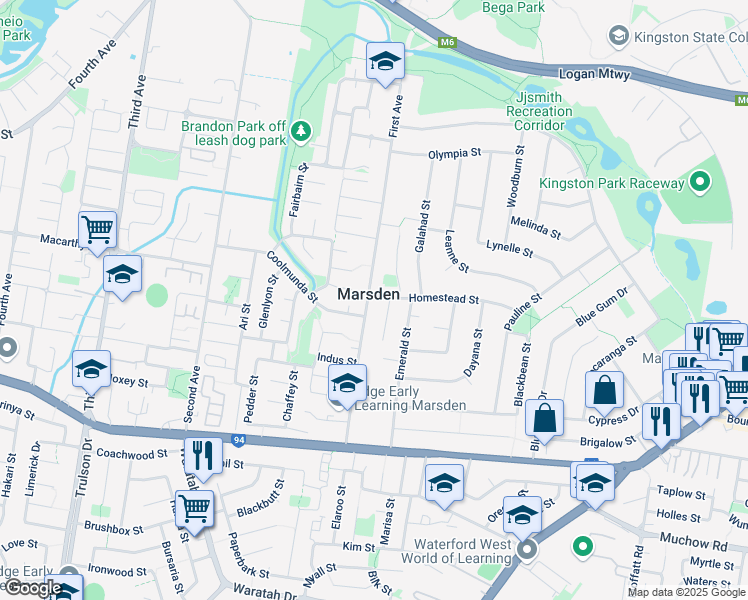 map of restaurants, bars, coffee shops, grocery stores, and more near 1 Homestead Street in Marsden