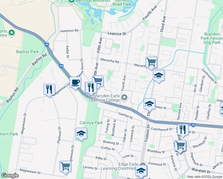 map of restaurants, bars, coffee shops, grocery stores, and more near 1 Kolora Street in Marsden