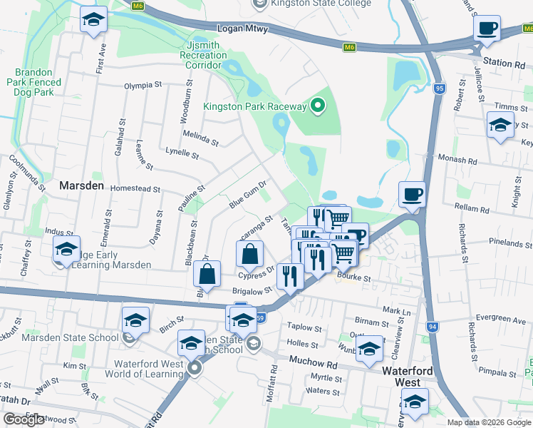 map of restaurants, bars, coffee shops, grocery stores, and more near 42 Macaranga Street in Marsden