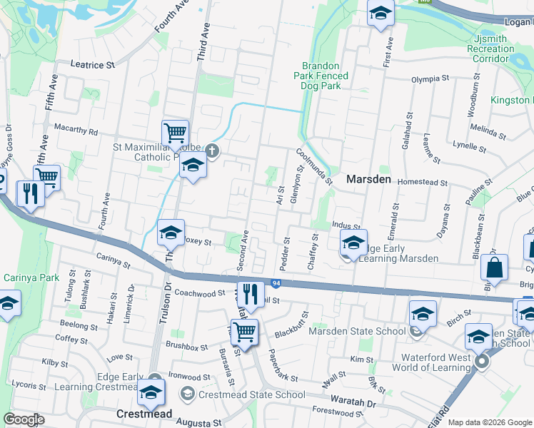 map of restaurants, bars, coffee shops, grocery stores, and more near Oasis Court in Marsden
