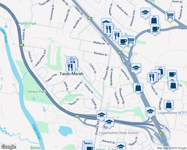 map of restaurants, bars, coffee shops, grocery stores, and more near 47 Cowra Street in Tanah Merah