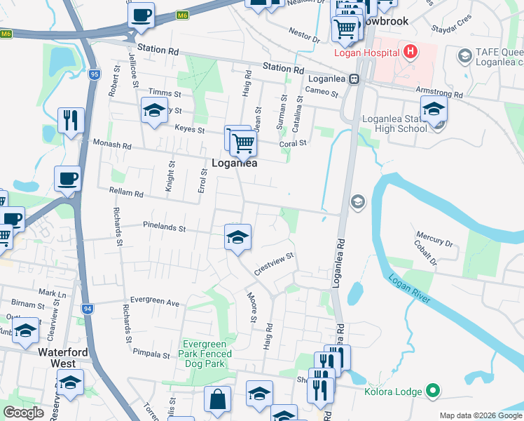 map of restaurants, bars, coffee shops, grocery stores, and more near 2 Packett Crescent in Loganlea