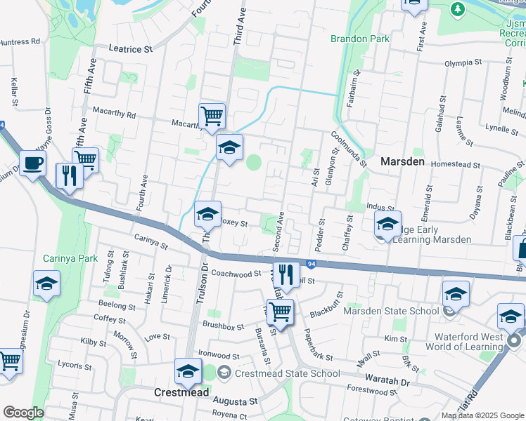 map of restaurants, bars, coffee shops, grocery stores, and more near 34 Second Avenue in Marsden