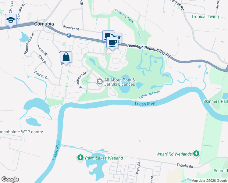 map of restaurants, bars, coffee shops, grocery stores, and more near 8 Peninsula Avenue in Cornubia