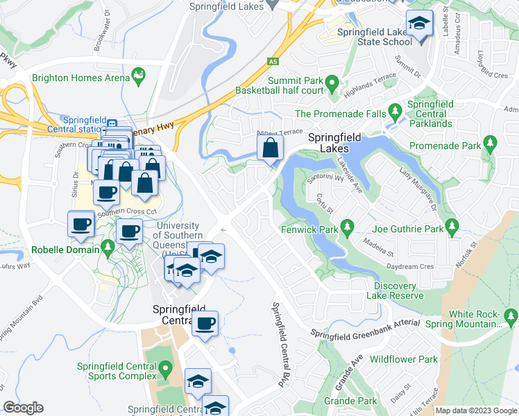 map of restaurants, bars, coffee shops, grocery stores, and more near 83 Dry Dock Circuit in Springfield Lakes