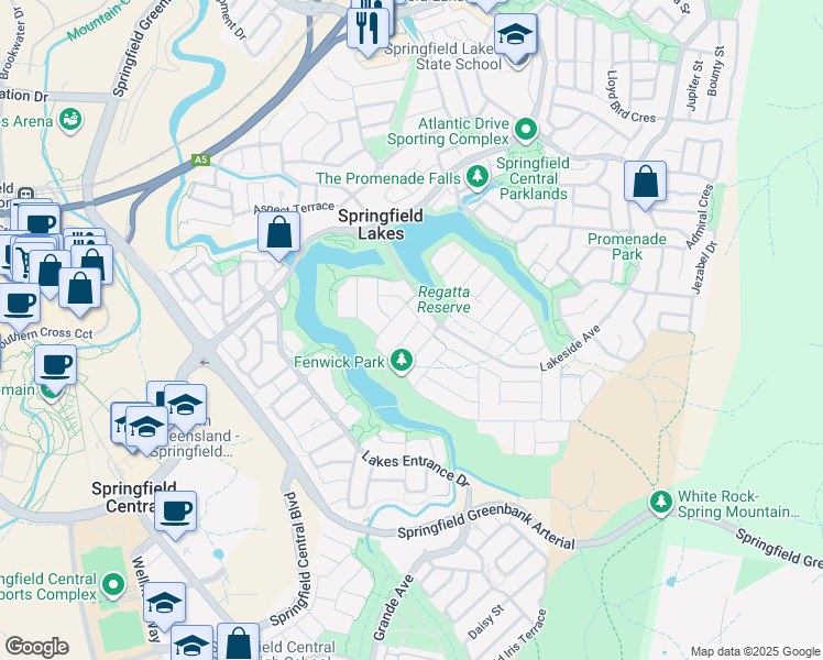 map of restaurants, bars, coffee shops, grocery stores, and more near Magnetic Way in Springfield Lakes