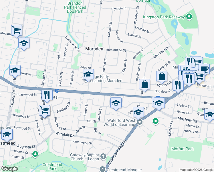map of restaurants, bars, coffee shops, grocery stores, and more near 8 Therese Street in Marsden