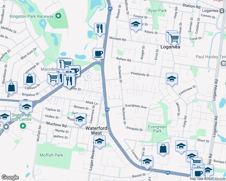 map of restaurants, bars, coffee shops, grocery stores, and more near 37 Richards Street in Loganlea