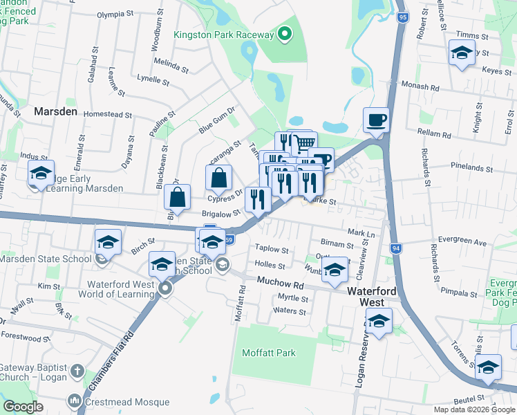 map of restaurants, bars, coffee shops, grocery stores, and more near 95 Chambers Flat Road in Marsden
