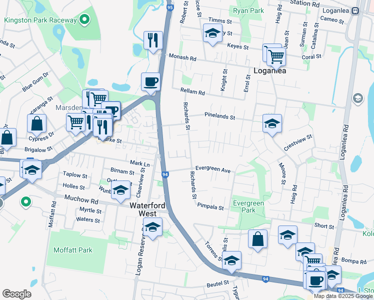 map of restaurants, bars, coffee shops, grocery stores, and more near 45 Richards Street in Loganlea