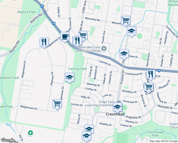 map of restaurants, bars, coffee shops, grocery stores, and more near 11 Tulong Street in Crestmead