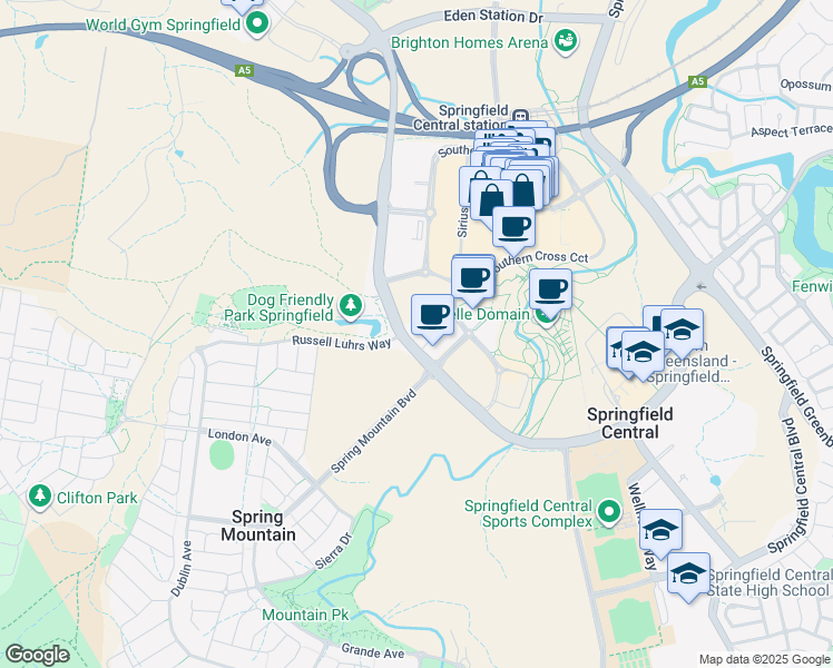 map of restaurants, bars, coffee shops, grocery stores, and more near 151 Sinnathamby Boulevard in Springfield Central