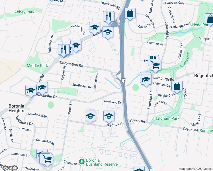 map of restaurants, bars, coffee shops, grocery stores, and more near 17 Dornock Drive in Boronia Heights