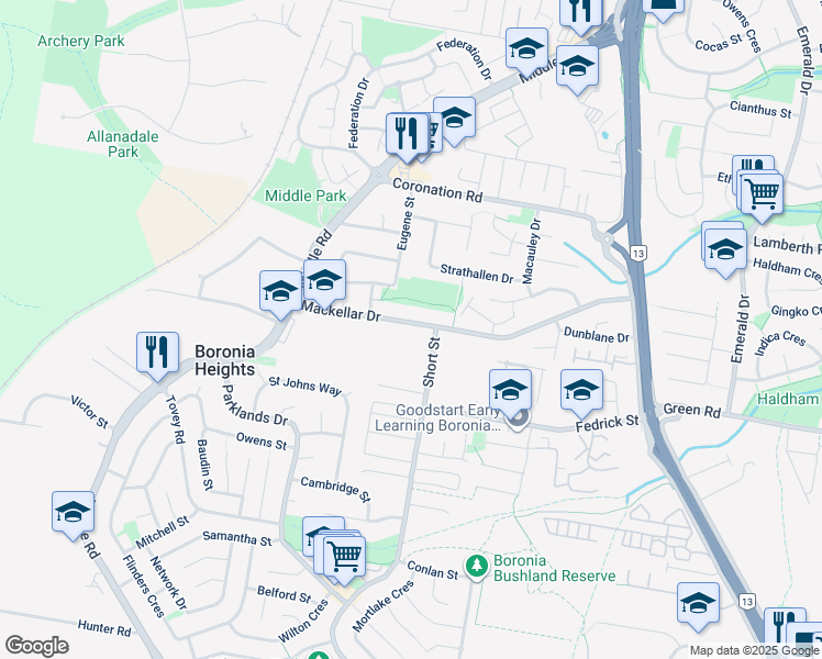 map of restaurants, bars, coffee shops, grocery stores, and more near 84 Mackellar Drive in Boronia Heights