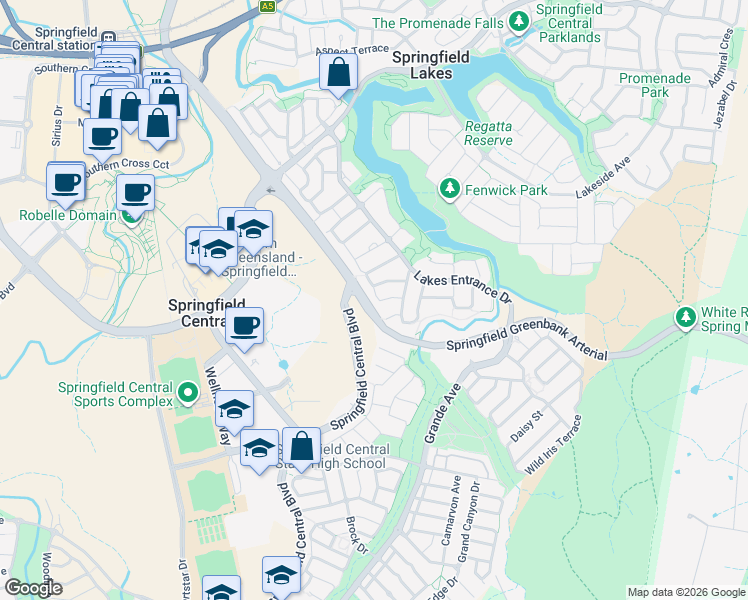 map of restaurants, bars, coffee shops, grocery stores, and more near 7 Sunsail Lane in Springfield Lakes
