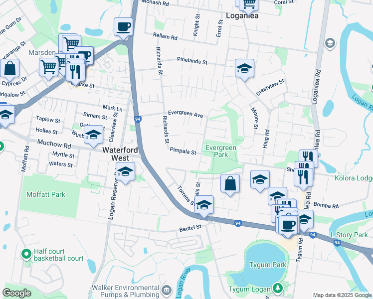 map of restaurants, bars, coffee shops, grocery stores, and more near 1 Chantilly Court in Loganlea