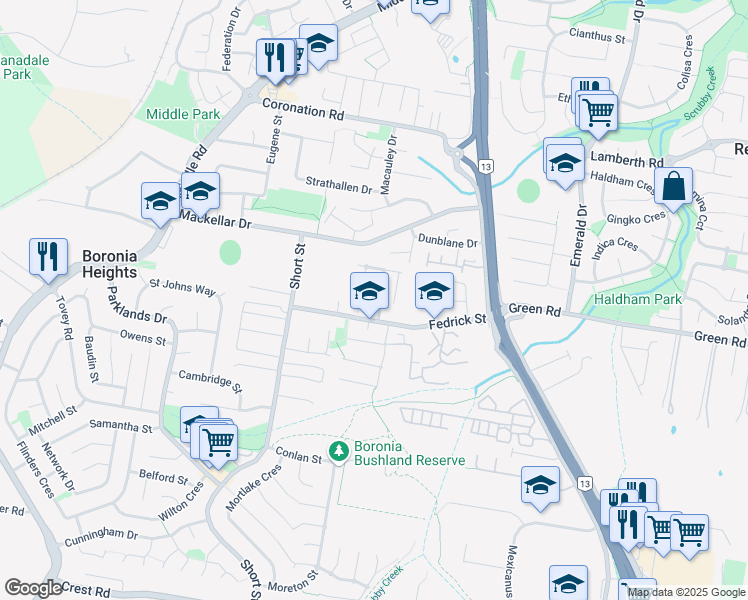 map of restaurants, bars, coffee shops, grocery stores, and more near 10 Tenielle Street in Boronia Heights