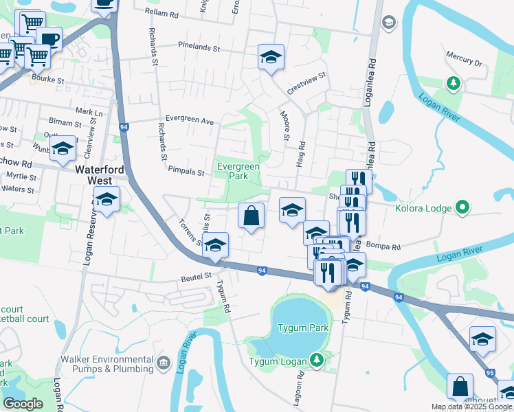 map of restaurants, bars, coffee shops, grocery stores, and more near 21 Aegean Street in Waterford West