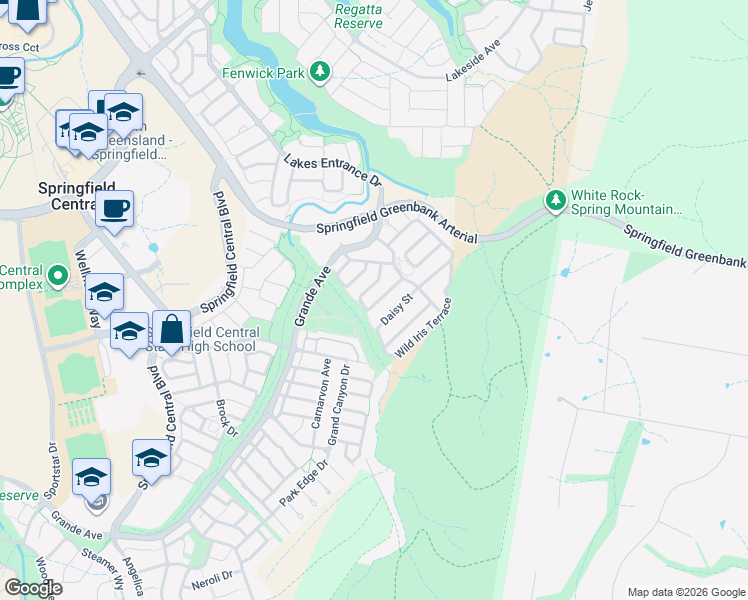 map of restaurants, bars, coffee shops, grocery stores, and more near 19 Violet Avenue in Springfield Lakes