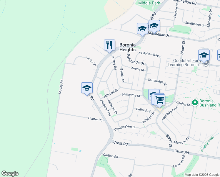 map of restaurants, bars, coffee shops, grocery stores, and more near 10 Gregory Street in Boronia Heights