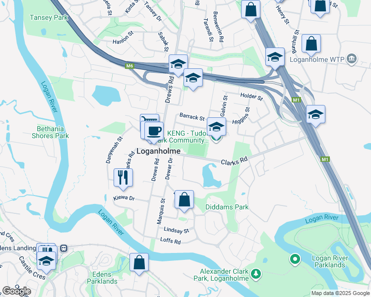 map of restaurants, bars, coffee shops, grocery stores, and more near 83-125 Clarks Road in Loganholme