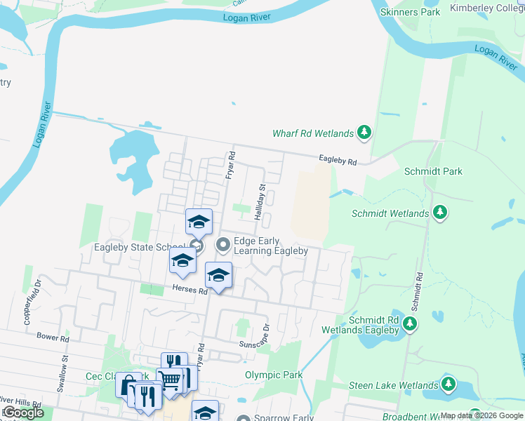map of restaurants, bars, coffee shops, grocery stores, and more near 28 Halliday Street in Eagleby