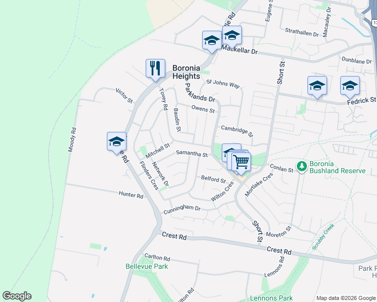 map of restaurants, bars, coffee shops, grocery stores, and more near 17 Samantha Street in Boronia Heights