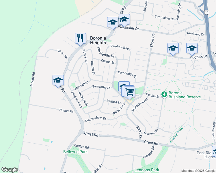 map of restaurants, bars, coffee shops, grocery stores, and more near 5 Samantha Street in Boronia Heights