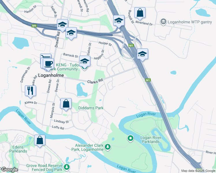 map of restaurants, bars, coffee shops, grocery stores, and more near 46-58 Clarks Road in Loganholme