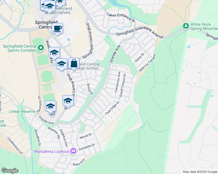 map of restaurants, bars, coffee shops, grocery stores, and more near 12 Grampian Street in Springfield Lakes