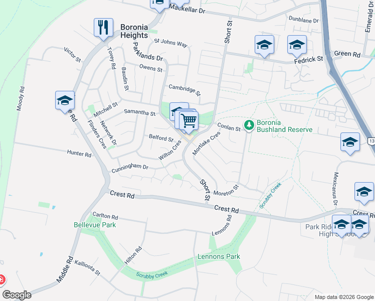 map of restaurants, bars, coffee shops, grocery stores, and more near 126 Short Street in Boronia Heights