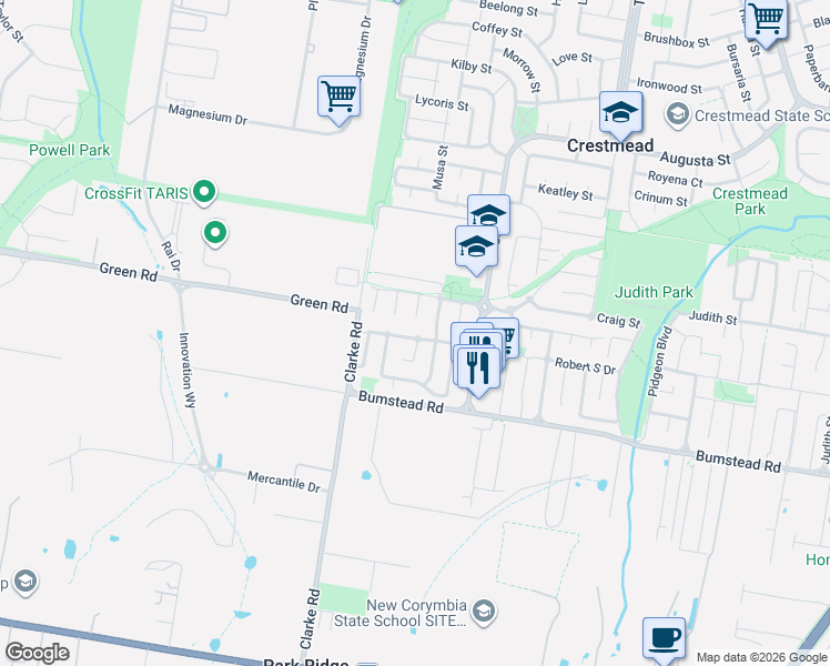 map of restaurants, bars, coffee shops, grocery stores, and more near 22 Houston Drive in Crestmead
