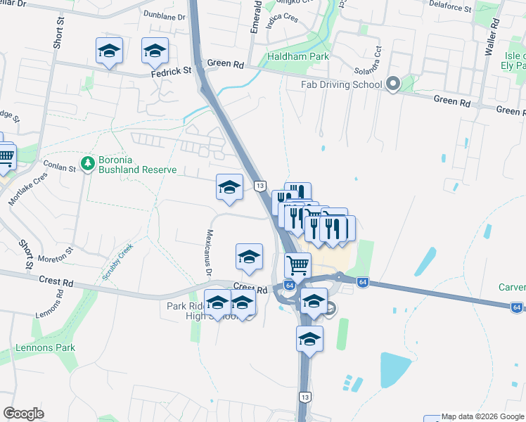 map of restaurants, bars, coffee shops, grocery stores, and more near 3703 Mount Lindesay Highway in Park Ridge