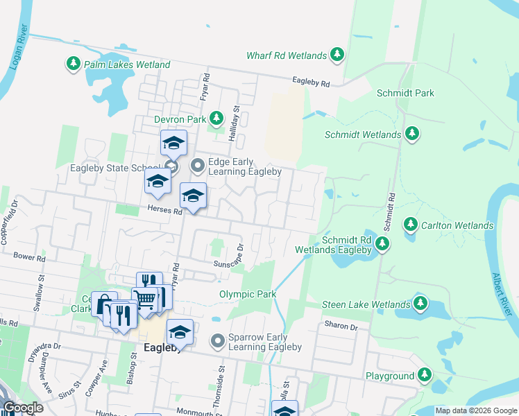 map of restaurants, bars, coffee shops, grocery stores, and more near 11 Alvine Drive in Eagleby