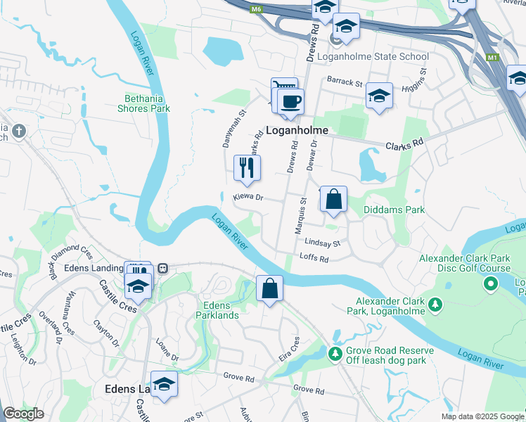 map of restaurants, bars, coffee shops, grocery stores, and more near 23 Kiewa Drive in Loganholme