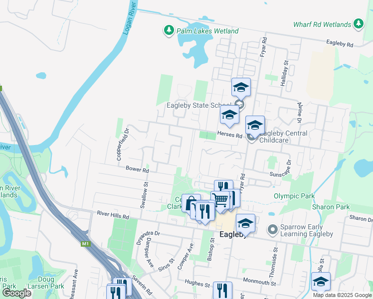 map of restaurants, bars, coffee shops, grocery stores, and more near 19 Tarlo Street in Eagleby