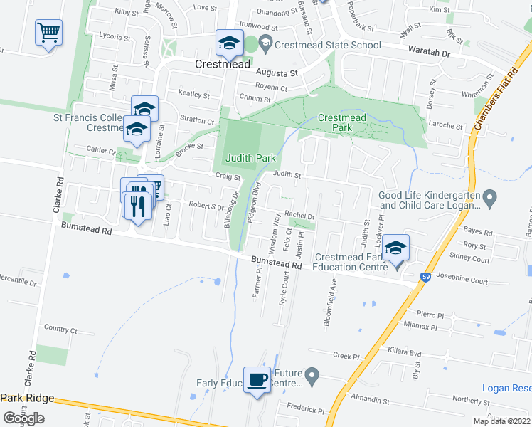 map of restaurants, bars, coffee shops, grocery stores, and more near 11 Rachel Drive in Crestmead