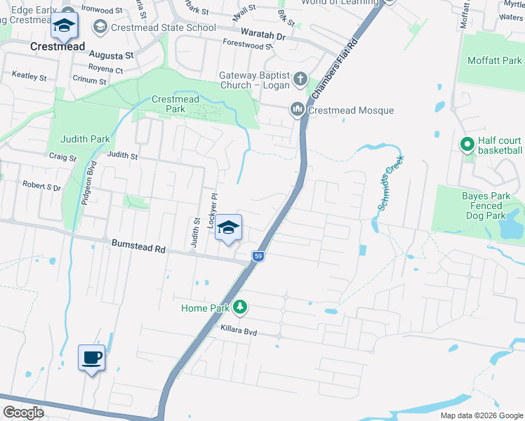 map of restaurants, bars, coffee shops, grocery stores, and more near 50 Griffen Place in Crestmead
