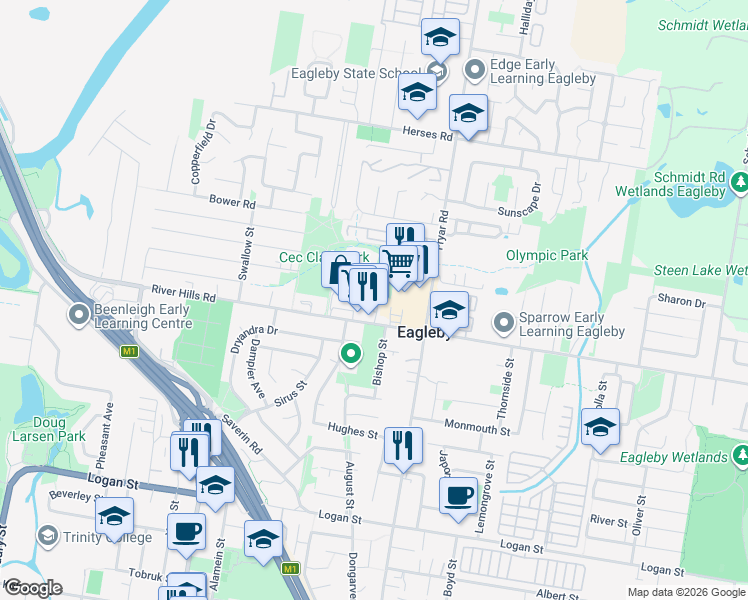 map of restaurants, bars, coffee shops, grocery stores, and more near 122 River Hills Road in Eagleby