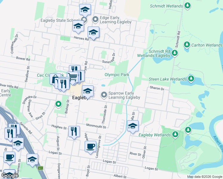 map of restaurants, bars, coffee shops, grocery stores, and more near 15 Olympic Court in Eagleby