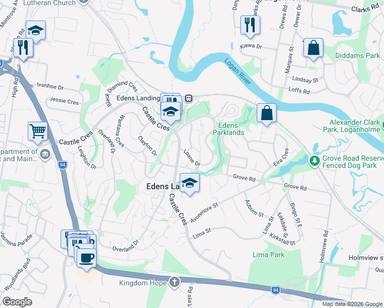 map of restaurants, bars, coffee shops, grocery stores, and more near 73 Loane Drive in Edens Landing