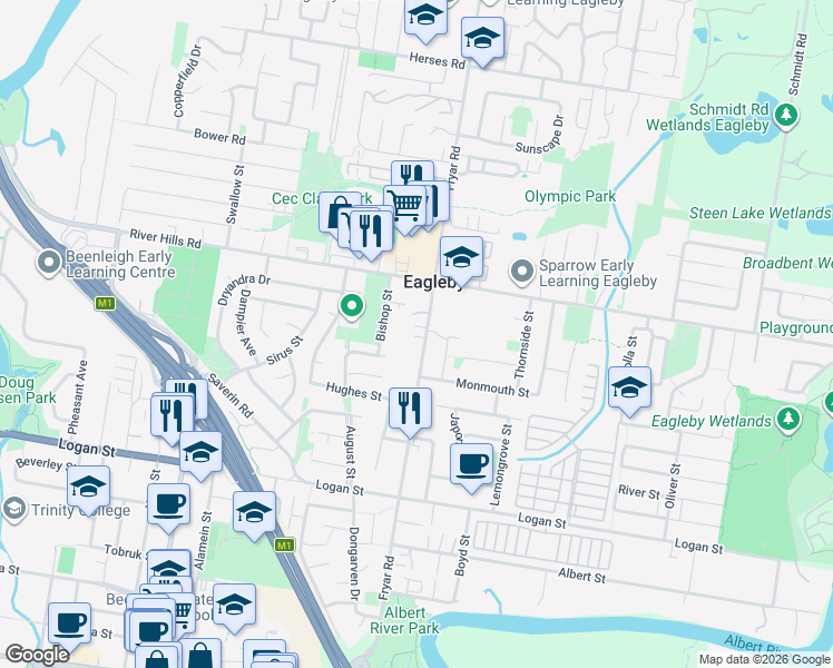 map of restaurants, bars, coffee shops, grocery stores, and more near 118 Fryar Road in Eagleby