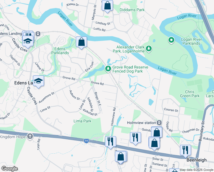 map of restaurants, bars, coffee shops, grocery stores, and more near 16 Grove Road in Holmview